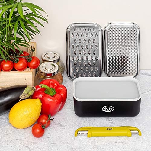 Cheese Grater with Container and Lid & Peeler Set - Vegetable Fruit Multi-Function Stainless Steel Kitchen Utensil Kit with Black Food Plastic Storage Stable Box - Hand Chopper Graters & Peelers 9