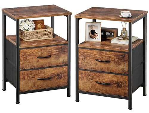 Huuger Night Stand Set of 2, Nightstand with 2 Drawers, Bed Side Table with Open Shelf, Wooden Top, End Table, Fabric Drawer, for Bedroom, Rustic Brown