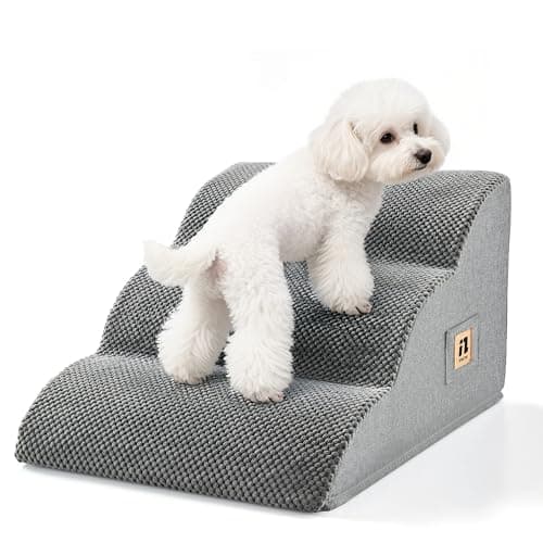 IFNOW Dog Stairs for Small Dogs and Cats 11.8" H, 3-Step Sturdy Dog Steps for Couch, Sofa or Chair, High-Density Foam Pet Stairs for Puppy, Older Cats, Non-Slip Curved Pet Ramp Indoor, Grey
