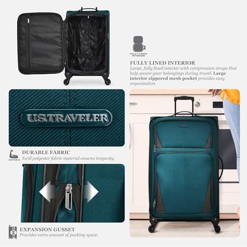 U.S. Traveler Aviron Bay Expandable Softside Luggage with Spinner Wheels, Teal, Carry-on 23-Inch 6