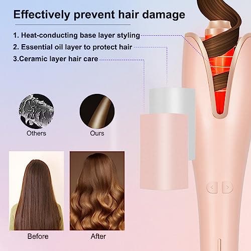 Fallmist Automatic Curling Iron, Pink, Ceramic, 4 Temperature Displays, Fast Heating, Anti-Scald, Anti-Knotting, Automatic Shut-Off, Dual Voltage, Curling Iron for Hair Styling 5