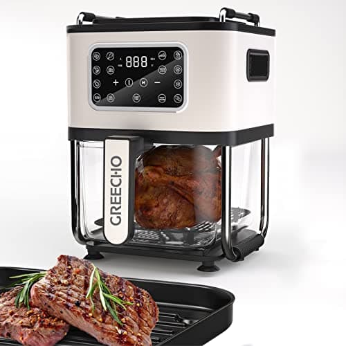GREECHO Glass Air Fryer Oven and Griddle Combo, Non Toxic Air Fryer with One-Touch 12 Precise Presets, 4.8QT All-around Visual Glass Air Fryer Cooker with Grill Pan,Pearl White