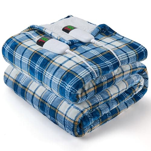 Heated Electric Blanket Queen Size, 84X90 Heating Blanket Queen with Dual Control&10 Heats Levels&Timer for Bed,Blue Plaid Sherpa Soft Blankets Warmer Gift for Grandma Women Adults, Washable 9