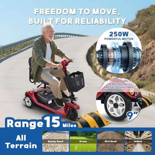 RKRYL Mobility Scooter for Seniors - 3 Wheels Mobility, 15Miles Long Range, Compact Heavy Duty Mobile for Travel, Adults, Elderly, Removable Battery, with Headlight, Charger & Basket 6