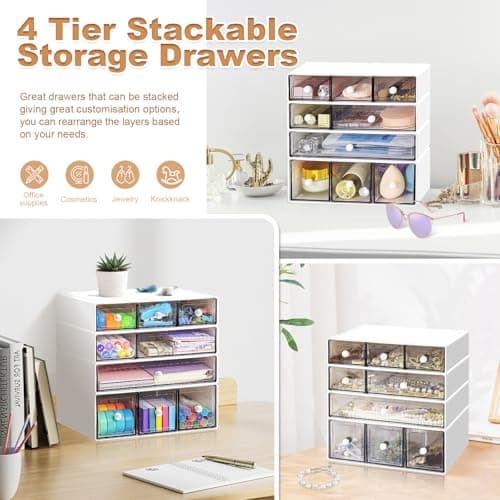MYKASEN Desk Organizer with 9 Drawers, 4 Tier Plastic Stackable Storage Drawers for Desk Storage, Office Stationary Makeup Organizer Suit for Home, Office and School 6