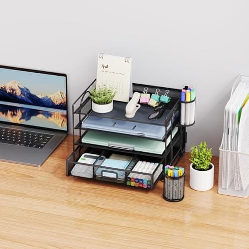 Marbrasse Desk Organizer and Accessories4-Tier Paper File Letter Tray Accessories & Workspace Desk Organizers with Drawer and 2 Pen Holders for School Home Office Supplies (Black) 5