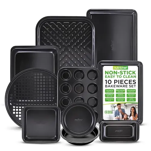 NutriChef 10-Piece Non-Stick Baking Set – Heavy-Duty Carbon Steel Bakeware Set w/ Cookie Sheets, Muffin Pan, Roasting Pan, Cake Pan, Baking Tray, Pizza Pan – Effortless Food Release & Easy Cleanup