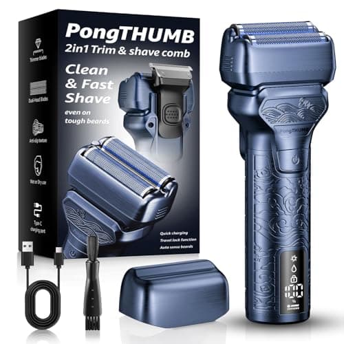 PongTHUMB Men's Cordless Foil Shaver: All-in-One Push Trimmer, IPX7 Waterproof for Wet/Dry Use, Shock & Slip Resistant, Aerospace-Grade Aluminum, Long-Lasting 1400mAh Battery, Gray Silver