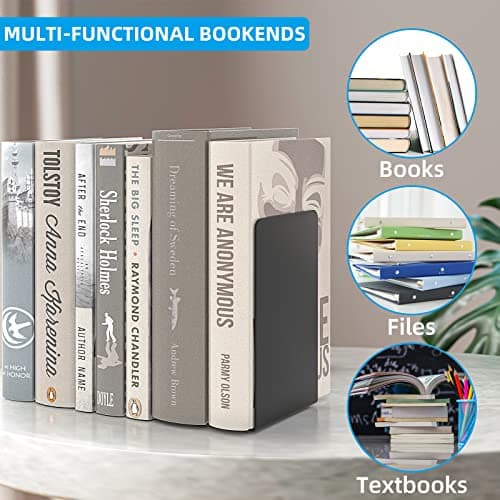 VFINE Bookends 3 Pairs, Black Metal Book Ends, Heavy Bookends for Shelves, Book Stopper for Heavy Books, Book Organizer for Home Office School Supplies 6