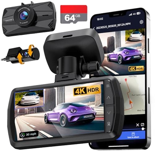 4K Dash Cam Front and Rear, Built-in WiFi GPS, 3" IPS Screen, Included 64GB Card, HDR Night Vision Dash Camera for Cars, App Control, Emergency Lock, Accident Record, Parking Mode, Support 512GB Max