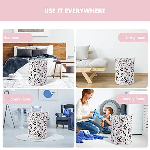 Large Foldable Laundry Basket Hamper Holder Portable Tall Collapsible Laundry Hamper Nusery Storage Basket Bin with Handles, Canvas & Waterproof lining for Household Items (Floral Pink) 5