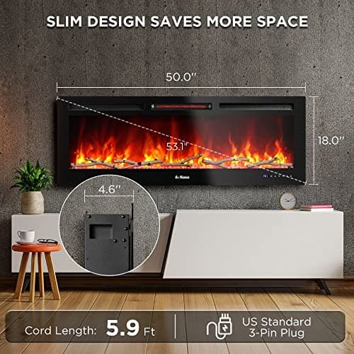 TURBRO 50” Smart WiFi Infrared Electric Fireplace with Sound Crackling and Realistic Flame, 1500W Quartz Heater, Recessed or Wall Mounted, Adjustable Flame Effects, Remote Control and App, in Flames 7