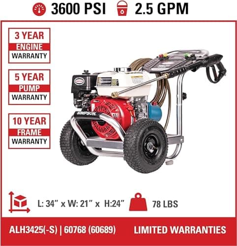 Simpson Cleaning 3600 PSI Gas Pressure Washer, 2.5 GPM Power Washer for Commercial Use, Honda GX200 Engine, 35-Foot MorFlex Hose, Aluminum Series, 49-State (ALH3425) 3