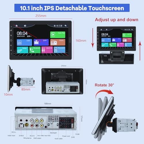 10.1 inch Single Din Car Stereo with CarPlay and Android Auto, 10 inch Touch Screen Radio with Mirror Link/1080P/EQ Audio/SWC/Bluetooth +Backup Camera+MIC 7