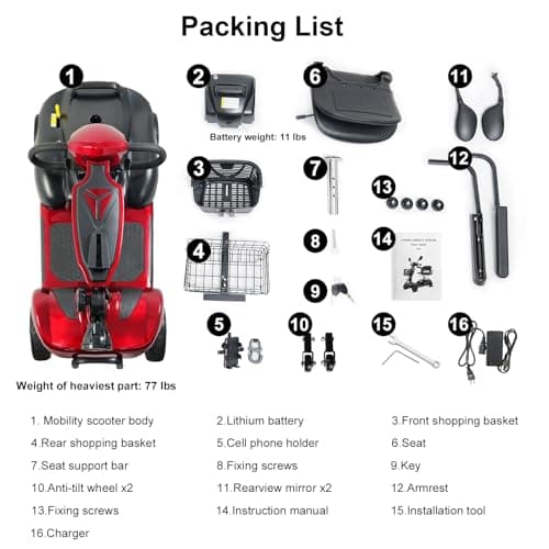 MOVEMAGIC Adult Mobility Scooter with Lithium Battery, 45 Miles Long Range Electric Mobility Scooter for Elderly, Cell Phone Holder, Top Speed 6.2MPH, Foldable Travel 4 Wheel Mobility Scooter (RED) 8