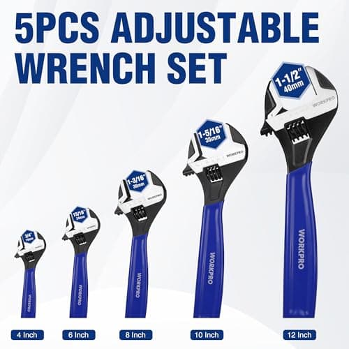 WORKPRO 5-piece Adjustable Wrench Set, 4-Inch & 6-Inch & 8-Inch & 10-Inch & 12-Inch Wrenches, Wide Jaw Black Oxide Wrench, Metric & SAE Scales, Cr-V Steel, for Home, Garage, Workshop 6