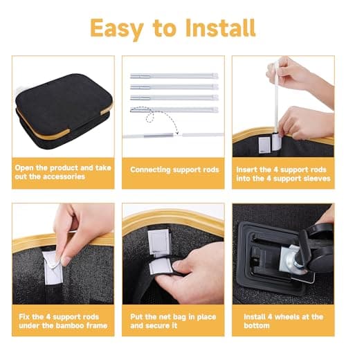 Laundry Hamper with Wheels,20 Gal (75L) Laundry Basket with lid Rolling Clothes Hamper Foldable Dirty Clothes Basket on wheels with Bamboo Frame and Bag for Bedroom, Dorm, Laundry Room-Black 9