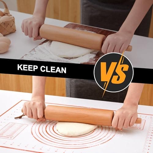ESDOPA Classic Wood Rolling Pin - Wooden Rolling Pins for Baking Silicone Mat Set, Dough Roller with Wood Base, Fondant Roller for Pie Crust Cookies Pizza Dough and Bread, 17 Inch 7