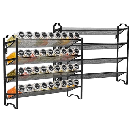 Simple Trending 2 Pack 4 Tier Spice Rack Organizer,Stackable Kitchen Counter Shelves,for Cabinet,Countertop,Pantry, Door or Wall Mount, Metal Mesh,Jars not Included, Black