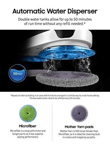 SAMSUNG Jetbot Mop, Cordless Robot Floor Cleaner, Wet Cleaning w/ Dual Spinning Pads, Smart Sensor to Clean Tile, Vinyl, Laminate, Hardwood Floors, Long Battery Life, VR20T6001MW, White 8