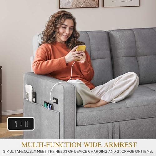 DWVO 55" Convertible Sofa Bed, 3-in-1 Sleeper Sofa with Pull-Out Couch, Velvet Futon Couch with Adjustable Backrest and USB, Modern Loveseat for Living Room Apartment, Light Grey 7
