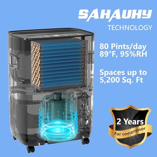 SAHAUHY 80 Pints ENERGY STAR Dehumidifier for Home Bedroom Garage Basement Stockroom and Large Room Spaces up to 5,200 Sq. Ft with Drain Hose and Water Tank 5