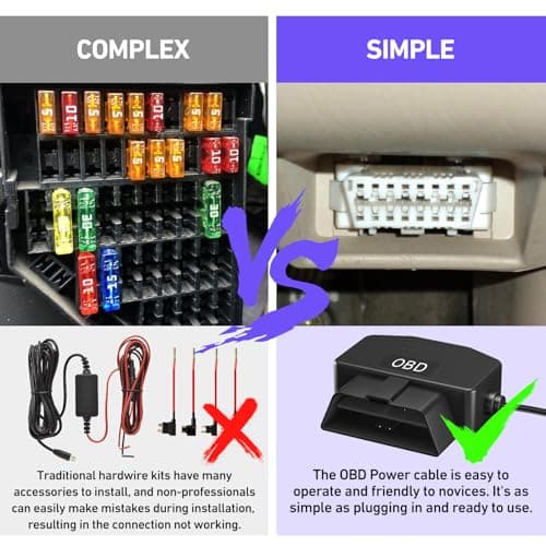 OBD2 OBD Power Cable for Dash Camera, OBD to Type-C USB OBDII Adapter Hardwire Charger Cable 24 Hours Surveillance and Acc Two Mode with Switch Button and Low Voltage Protection, 12-36V to 5V/3A 6