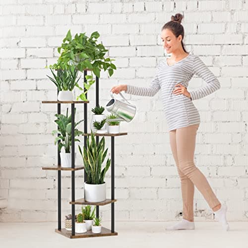Oppro 6 Tier Tall Plant Stand Indoor Outdoor, Large Wood Metal Planter Shelf Holder for Narrow Corner, Sturdy Vertical Multiple Flower Orchid Pot Decorative Rack for House Living Room Bedroom Office, Rustic Black 7