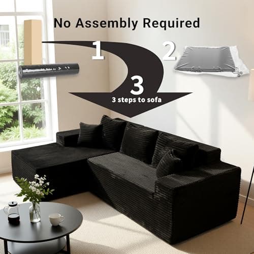 Claiks 110" Boneless Couch, Cloud Couch Sectional, L-Shape Corduroy Modular Sectional Sofa Deep Seat, Upholstered Couches for Living Room, No Assembly Required, Black, Left Facing Chaise 7