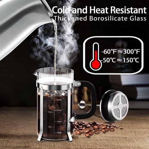 YMMIND French Press Coffee Maker 304 Stainless Steel Coffee Press,with 4 Filters System, Heat Resistant Thickness Borosilicate French Press Glass, BPA-Free Brewed Tea Pot Coffee Plunger(Copper 12oz) 3