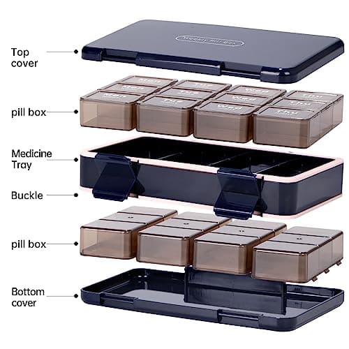 Rinten Pill Organizer 3 Times a Day, Weekly Pill Box Medicine Organizer Box, Travel Double Side 7 Day Pill Case with Backup One Day Hold, for Fish Oils, Vitamin Holder Supplement 5