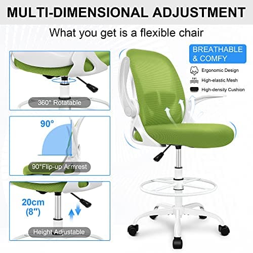 Primy Drafting Chair Tall Office Chair with Flip-up Armrests Executive Ergonomic Computer Standing Desk Chair with Lumbar Support and Adjustable Footrest Ring（Green） 6