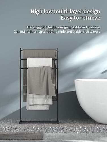 Modern 3-Tier Towel Rack, Black Iron, Freestanding Bathroom Organizer, Floor Standing Design, Indoor Outdoor Pool Towel Storage Stand 7