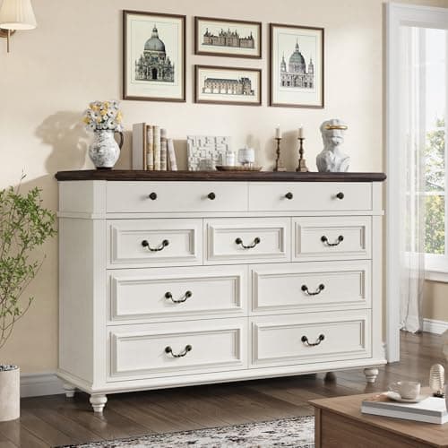 Jocoevol Farmhouse 9 Drawer Dresser, 54" Wide Cream Bedroom Dressers, Vintage Design Wide Dressers, Dresser for Bedroom with Natural Texture for Living Room, Hallway