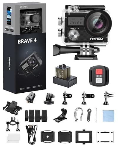 AKASO Brave 4 Action Camera 4K 30fps Ultra HD WiFi Sport Cameras with 170° FOV, Image Stabilization, 131FT Waterproof Underwater Camera with 2x1050mAh Batteries, Helmet Accessories Kit