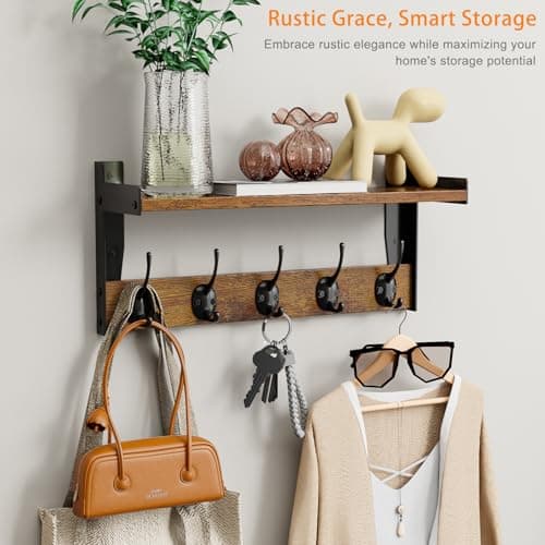 FNBAR Wall Hooks with Shelf, Wood Coat Rack with Shelf Wall-Mounted, Entryway Hanging Shelves with 5 Metal Hooks for Clothes Hats Towel Purse Robes, Bathroom Mudroom Bedroom, Rustic Brown 6