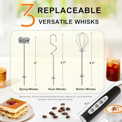 YUSWKO Black Handheld Milk Frother Wand for Coffee, Rechargeable Electric Whisk with 3 Heads 3 Speeds Drink Mixer Coffee Frother For Latte, Cappuccino, Hot Chocolate, Egg 5