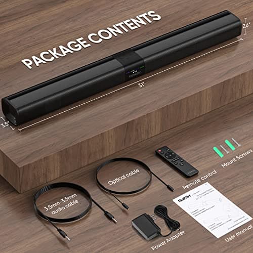 RIOWOIS Sound Bars for Smart TV, 31-in Bluetooth TV Soundbar Speakers with HDMI-ARC, Optical AUX Connection, Crisp Sound and Easy Setup, Detachable Surround Sound System for TV, PC, Projector. 6