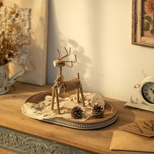 Hanobe Decorative Serving Tray Wood: Brown Bead Oval for Coffee Table Rustic Wooden Trays Decor Farmhouse Kitchen Counter Vintage Centerpiece Living Room Home Organizer, 15.15''x9.25''x1.18'' 5