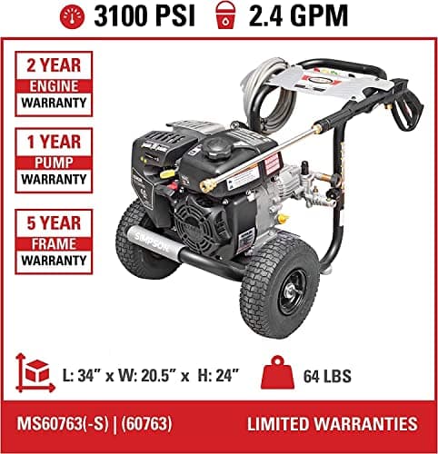 Simpson Cleaning 3100 PSI Gas Pressure Washer, 2.4 GPM Power Washer for Residential Use, Kohler SH270 Engine, 25-Foot MorFlex Hose, MegaShot, 49-State (MS60763) 4