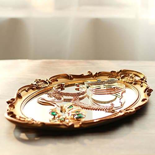 Zosenley Polyresin Ellipse Antique Decorative Mirror Tray, Makeup Organizer, Jewelry Organizer, Serving Tray, 9.8”x 14.6”, Gold 5