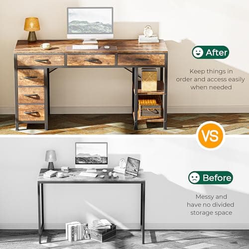 Huuger Computer Desk with 6 Drawers, Office Desk with Shelves, Reversible Gaming Desk, Corner Desk with Storage, Work for Home Office, Study, Living Room, 47inch, Rustic Brown 5