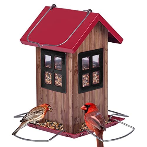 Kingsyard Cute Bird House Feeders for Outside, Hanging Metal Bird Feeder with 4 Ports, Outdoor Garden Yard Decorations for Cardinals Finches Chickadees Goldfinches & Sparrows Birds Watching