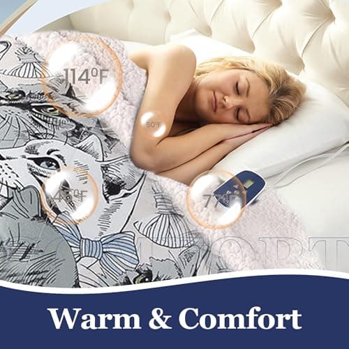 Thermee Micro Flannel Heated Blanket With Sherpa Back - Full Size, 10-Setting Electric, Programmable, Ultra-Soft, Fast Heating Thermal Throw - Cat Medley 7