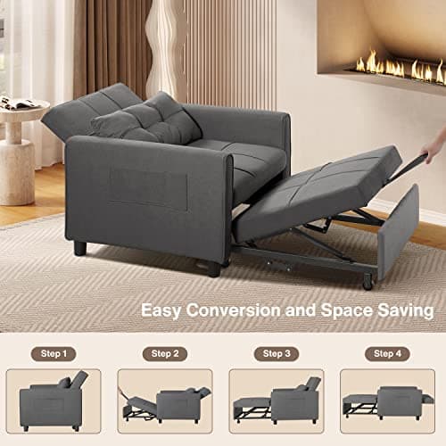 Noelse Convertible Sofa Bed, 3-in-1 Multi-Functional Sleeper Chair Bed, Adjustable Backrest Recliner with Modern Linen Fabric for Living Room Bedroom Apartment Small Space, Dark Grey 5