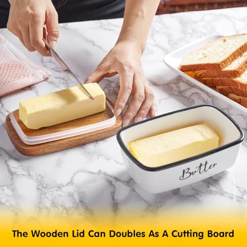 Butter Dish with Lid, ALELION Large Ceramic Butter Dish for Countertop, Butter Keeper with Thick Acacia Wood Lid, Kitchen Decor and Accessories for Kitchen Gifts, White 7