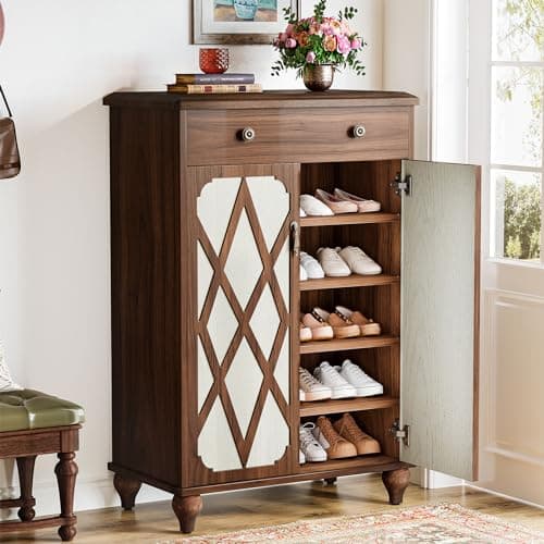 Tribesigns Shoe Cabinet with Drawer for Entryway, 20 Pairs Farmhouse Shoe Storage Cabinet with Doors and Adjustable Shelves, 5-Tier Wood Shoe Rack Organizer for Hallway, Closet, Living Room, Brown