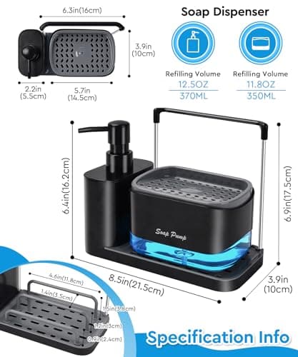 Hand and Dish Soap Dispenser Set with Tray, Dual Soap Dispenser with Sponge Holder and Dishcloth Holder 5-in-1 Organizer for Kitchen Sink Countertop Storage Organize - Useful Kitchen Gadgets (Black) 6