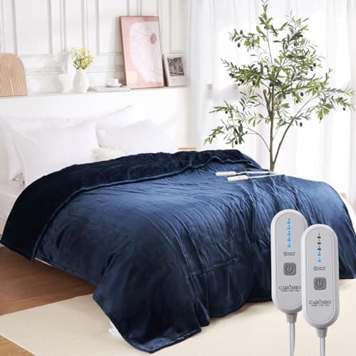 CAROMIO Heated Blanket Electric Throw Queen Size with Dual Control, Reversible Flannel Heating Blankets, Soft Heated Throws for Couch with 5 Heat Settings and 10 Hours Auto Shut Off, Navy, 84"× 90"