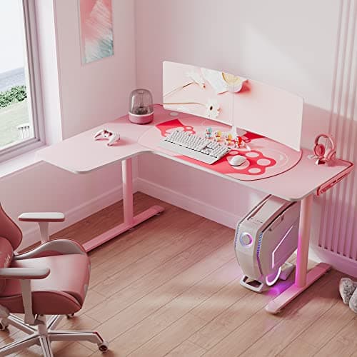 EUREKA ERGONOMIC Pink L Shaped Gaming Desk, 60 Inch Large Home Office Corner PC Computer Table Study Writing Modern Workstation Girls Female Gifts L60 w Mouse Pad Cable Management, Space Saving, Left